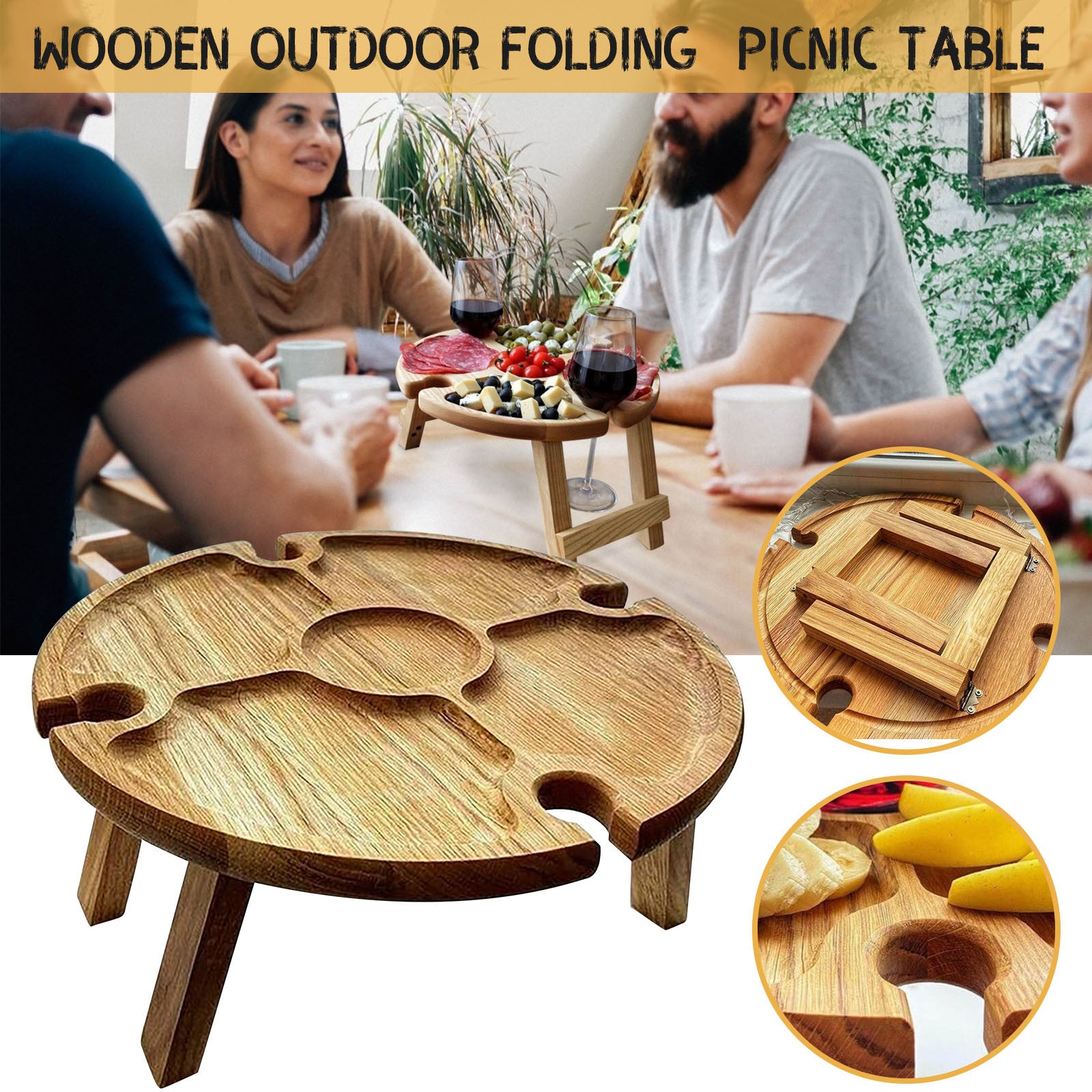 Wooden Outdoor Folding Picnic-table With Glass Holder 2 In 1 Wine Glass Rack Outdoor Wine Table Wooden Table Easy To Carry Wine - Rightseason